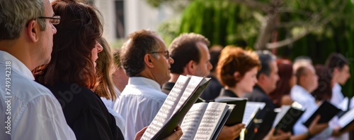 A Harmonious Gathering Under the Spring Sky: Choir Members United in Song, Celebrating Easter with Hymns Outdoors