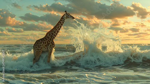 Giraffe swimming in the ocean with a wave, generative ai photo