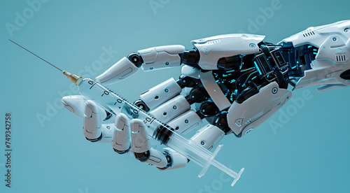 robot's hand holds a medical syringe on a blue background
