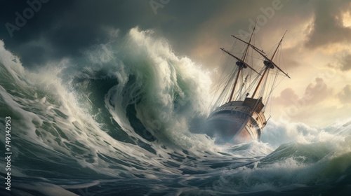 Vintage large sailing ship sail with bow of ship in the middle of the sea with raging sea storm, big foamy waves and beautiful clouds created with Generative AI Technology  © AstraNova