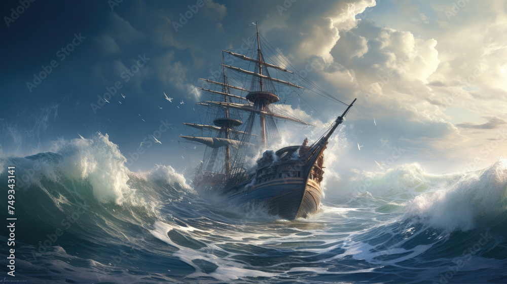 Vintage large sailing ship sail with bow of ship in the middle of the sea with raging sea storm, big foamy waves and beautiful clouds created with Generative AI Technology  - obrazy, fototapety, plakaty 