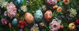 A Vibrant Celebration of Renewal: Spring Flowers in Full Bloom Cradle Delicately Painted Easter Eggs Amidst Fresh Greenery
