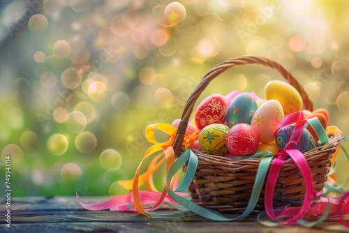 A Colorful Array of Easter Eggs Nestled in a Wicker Basket, Adorned with Brightly Colored Ribbons, Celebrating the Joy of Spring