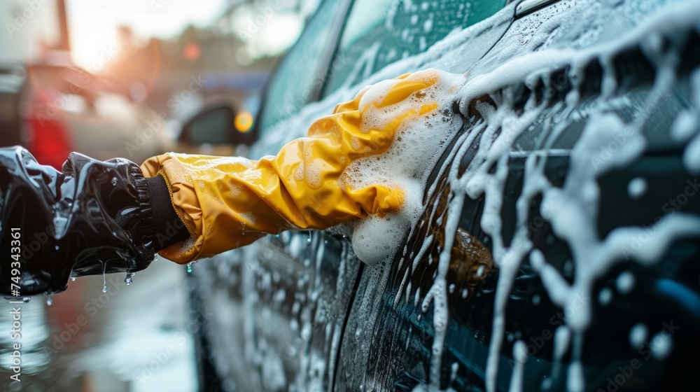 Close up hand in a special yellow rubber glove washes a car with water and foam. - obrazy, fototapety, plakaty 