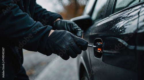 Man thief burglar dressed in black coat gloves holding screwdriver break lock, steal car on the road. Car thief criminal insurance concept photo