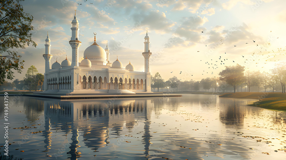 illustration of a mosque on the riverbank in the morning. Islamic Background
