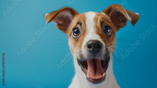 Surprised dog puppy expressing a funny reaction, isolated on a blue background.