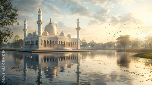 illustration of a mosque on the riverbank in the morning. Islamic Background 