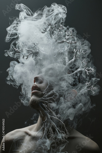 A smoking man with diseased lungs and brain. Harm to health from smoking.