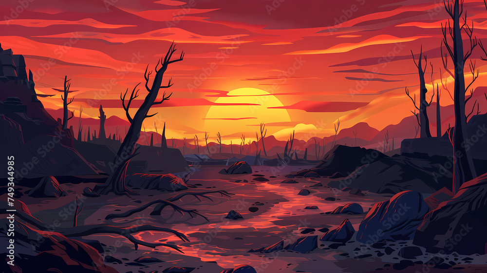 barren land landscape with sunset