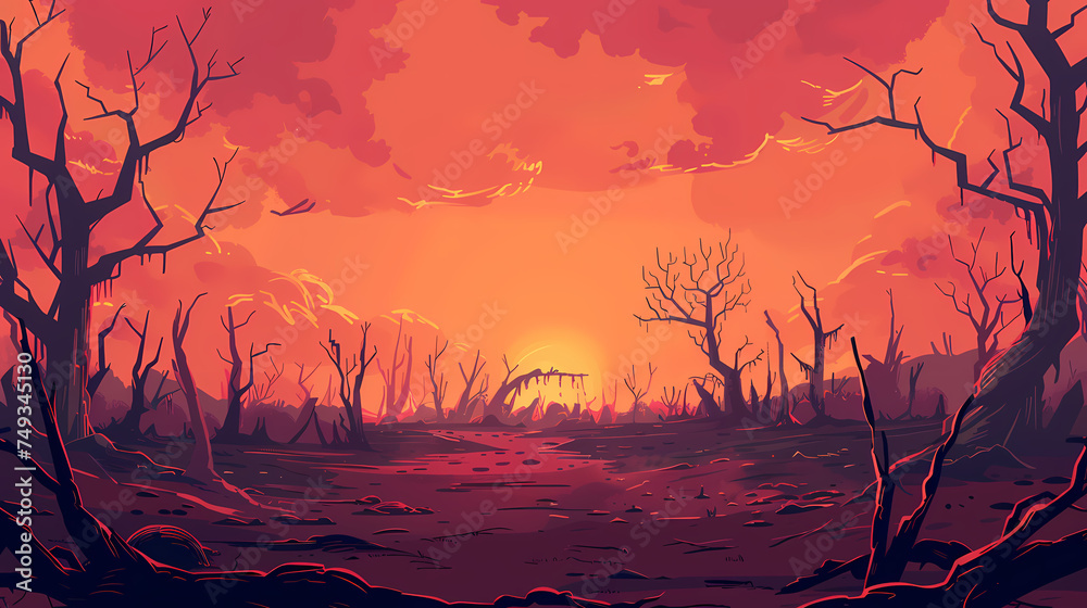 barren land landscape with sunset