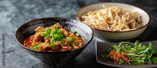 A wooden table is covered with bowls of assorted food and a plate of noodles. One of the bowls contains shredded pork as a side dish for the noodle soup.
