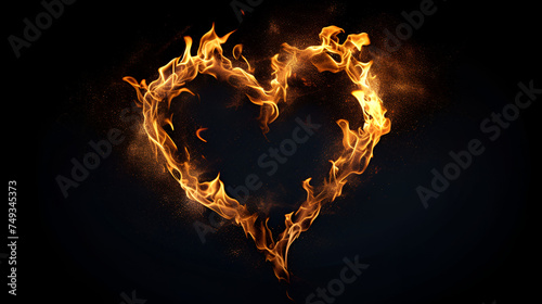 fire flame heart shape isolated on black background. generative ai