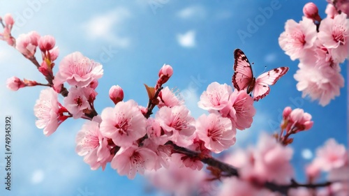 spring background with blooming pink flowers and butterflies. beautiful blue sky view for poster  banner  social media  advertising. generative ai