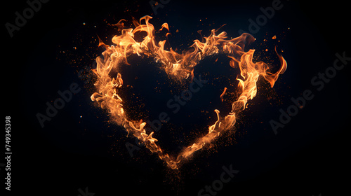 fire flame heart shape isolated on black background. generative ai