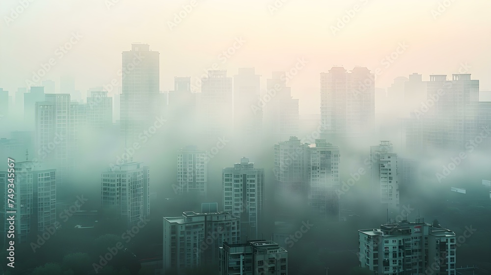 Hazy cityscape with buildings obscured by polluted PM  dust particles. Concept City Pollution, Environmental Issues, Air Quality, Urban Landscape, Health Hazards