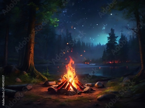 landscape of campfire in forest with starry sky. beautiful view for poster, web, social media. generative ai