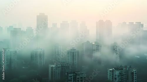 Hazy cityscape with buildings obscured by polluted PM dust particles. Concept City Pollution, Environmental Issues, Air Quality, Urban Landscape, Health Hazards