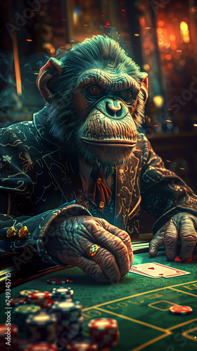 Anthropomorphic gangster monkey playing poker in underground club