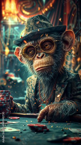 Anthropomorphic gangster monkey playing poker in underground club