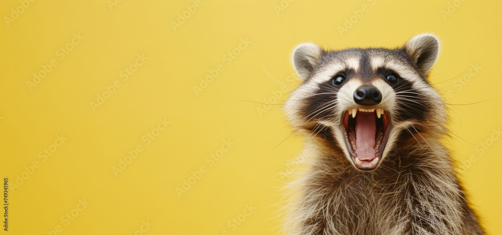 Happy funny excited raccoon with long ears and wide open mouth on bright background