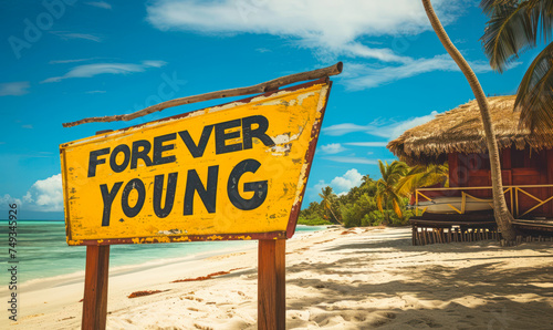 Vibrant FOREVER YOUNG sign on a tropical beach  evoking a sense of endless summer  vitality  and the timeless spirit of youthfulness