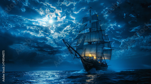 Old sailing ship on the ocean at night, silhouette against the blue sky, embarking on a nautical adventure