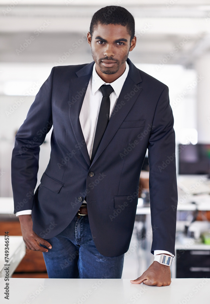 Portrait, businessman and confident in office with planning and assertive in corporate career in workplace. Serious face, black person and entrepreneur with ambition and thinking in startup company Portrait, businessman and confident in office with planning and assertive in corporate career in workplace. Serious face, black person and entrepreneur with ambition and thinking in startup company