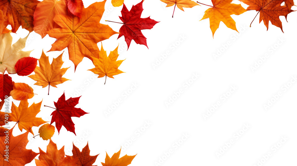 Frame of scattered autumn dry red-orange maple leaves, isolated cutout object on transparent background. Frame of scattered autumn dry red-orange maple leaves, isolated cutout object on transparent background.