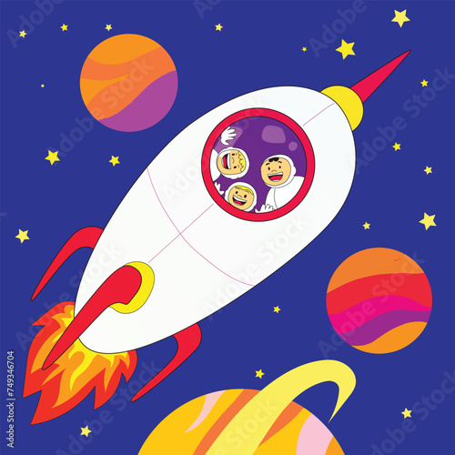 three very happy children riding a rocket and exploring space vector illustration