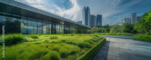 modern green building with features such as green roofs rainwater harvesting systems and energy-efficient HVAC systems.