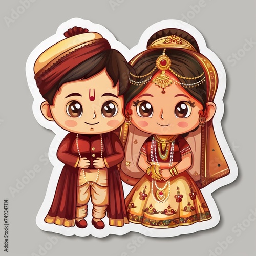 cute little wedding couples with greeting text sticker " ai generated "