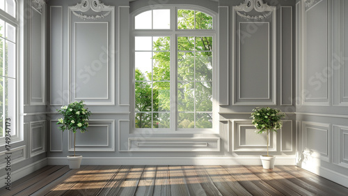 classical empty room with wooden floors and white window framing a nature view