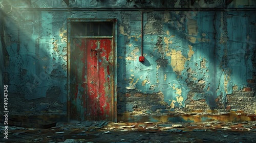old abandoned building with red door