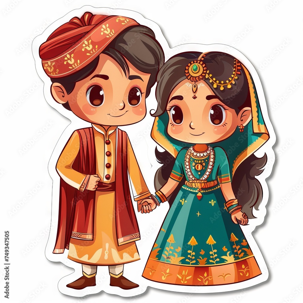 cute little wedding couples with greeting text sticker 