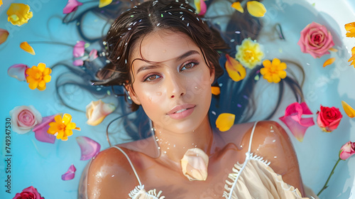 Pretty girl enjoying bath with plumeria tropical flowers. Health And Beauty. Spa Relax. Closeup Beautiful woman Bathing With Petals. Treatment, Aromatherapy Skin Body Care Therapy, generative ai