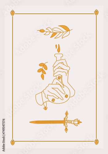 Esoteric poster Two hands holding poison bottle, magic golden sword and branches on white background Boho style vector outline illustration.