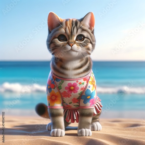  Cat Character Funny Positive Vibes Illustration. Colorful Bright Travel and Vacation Theme Digital Artwork with Cat Pet on Surfboard. photo