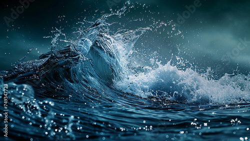 A dynamic wave with a splash on the water surface, capturing the energy and movement of nature in a vibrant and refreshing display