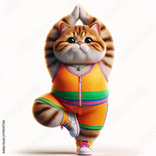Cat Character Isolated on White Background, Cute Funny Adorable Domestic Pet Fat Cat Mascot Practicing Yoga Stretch  