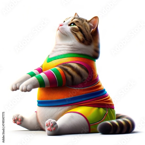 Cat Character Isolated on White Background, Cute Funny Adorable Domestic Pet Fat Cat Mascot Practicing Yoga Stretch  