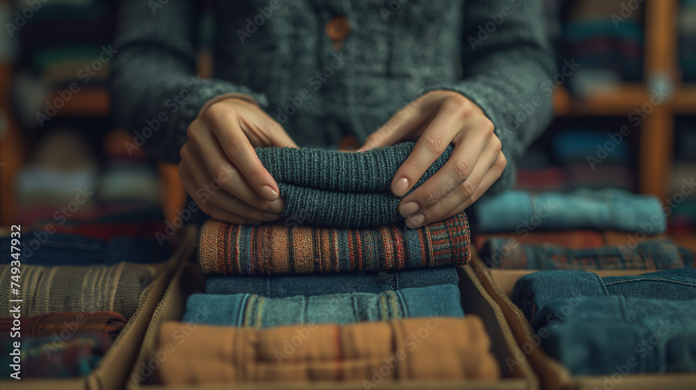 Frau bereitet Kleidung für Spende vor: Stapel von warmen Pullovern in einer Pappschachtel - obrazy, fototapety, plakaty 