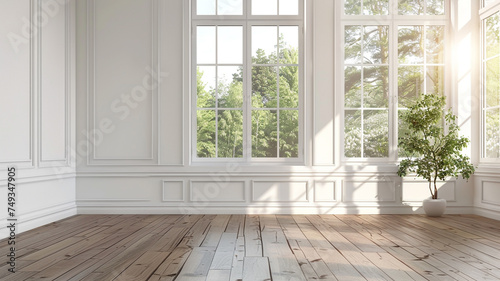 a empty room with wooden floors, white walls adorned and a white window framing a nature view