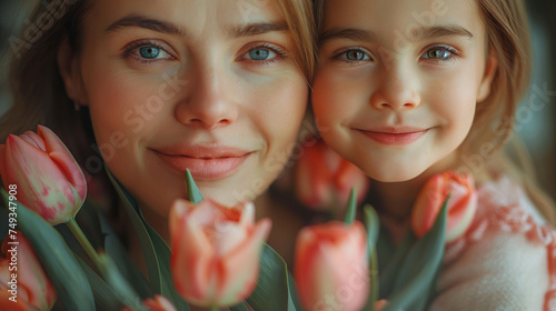 Fröhlichen Muttertag: Junge Mutter bekommt Blumen von Tochter