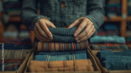 Frau bereitet Kleidung für Spende vor: Stapel von warmen Pullovern in einer Pappschachtel photo