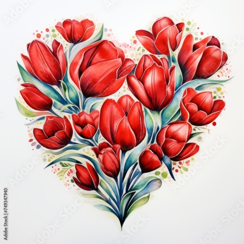 Saturated bright red watercolor tulips in the shape of a heart on a white background.