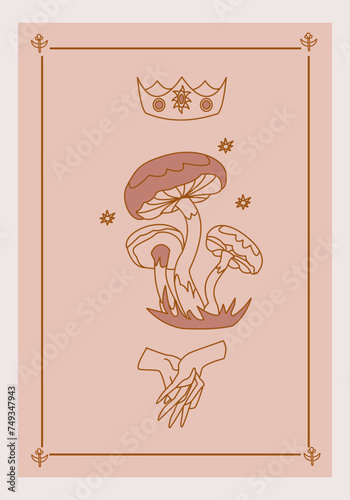 Esoteric poster Magic mushroom and stars, hands with interlaced fingers and crown on pink background Boho style vector outline illustration.