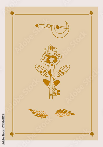 Esoteric poster Magic golden key with wings, druid sickle and branch on beige background. Boho style vector outline illustration.