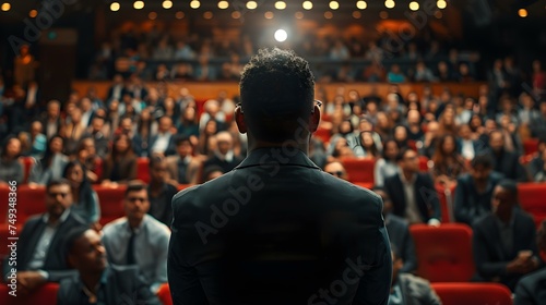 Motivational speaker addresses diverse audience on success leadership and productivity tips. Concept Motivational Speaking, Diverse Audience, Success Leadership, Productivity Tips