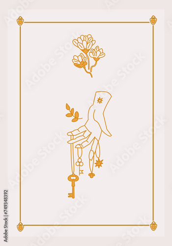 Esoteric poster Hand holding magical amulets and key, mystic flower with three branches on white background Boho style vector outline illustration.